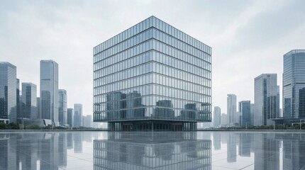 Fototapeta premium Modern glass cube building in a city skyline