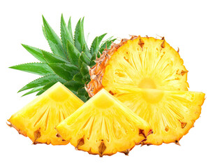 Close-up of a fresh, sliced pineapple with green leaves, isolated on black background