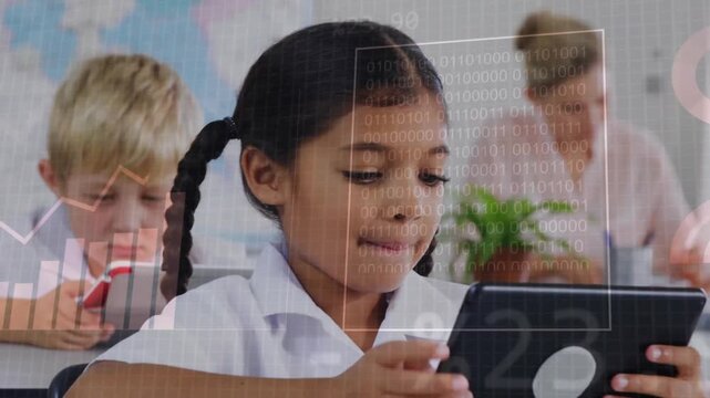 A girl uses a tablet overlaid with binary code amidst classmates  data visualizations in a classroom