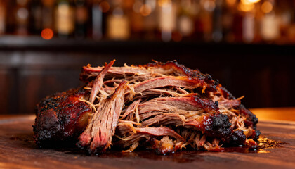 Texas Pulled Beef BBQ on Wooden Board