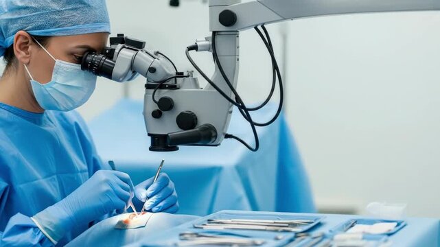 Female doctor performs an operation using a microscope and medical tools during a procedure in a clinic or hospital.