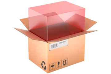 Parcel volumetric weight, concept with cardboard box, transparent background