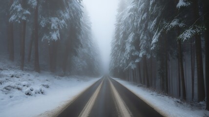 Foggy Winter Road Through Forest