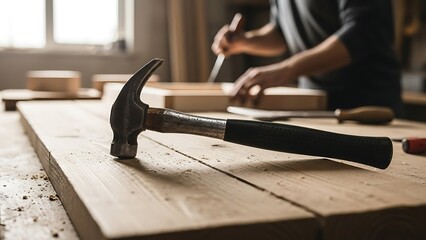 Woodworker Using Hammer on Wooden Plank in Workshop with Hand Tools and Natural Light