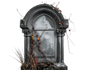 Weathered tombstone with intricate carvings, surrounded by dead vines, set against a black background
