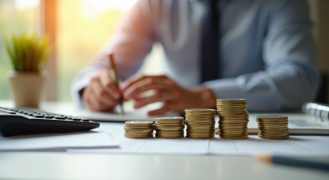 Man sitting at a desk with stacks of coins and a calculator