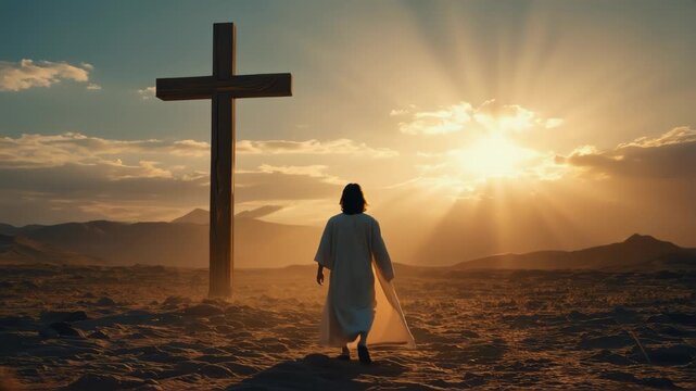 Person Walking Toward Cross at Sunset in Mountainous Landscape with Radiant Sky