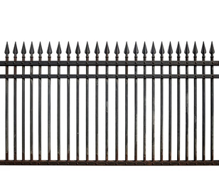 A weathered iron fence against a stark black backdrop. Vertical bars with pointed tops
