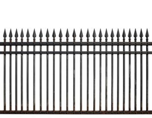 A weathered iron fence against a stark black backdrop. Vertical bars with pointed tops