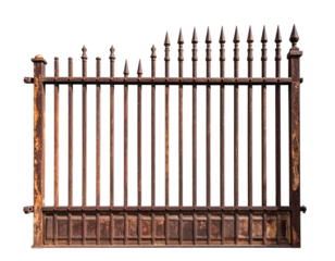 Weathered wrought iron gate, with vertical bars and decorative finials, against black background