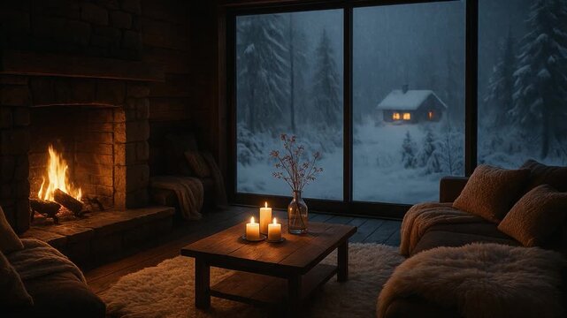 Cozy winter cabin interior with warm fireplace, glowing candles, soft sofas, and a snowy forest view featuring a distant illuminated cottage at night.