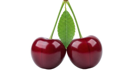 Two ripe cherries with stem and leaf isolated PNG, fresh red fruit on transparent background for healthy eating and summer designs
