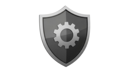 Gray shield with gear isolated PNG on transparent background, security and protection concept for graphic design and web development