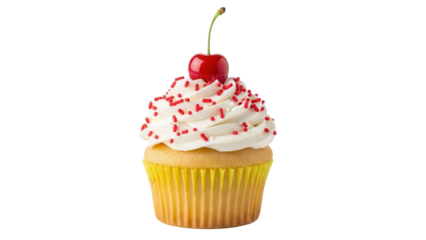 Delicious cupcake with cherry isolated PNG, sweet dessert with sprinkles on transparent background for party and celebration designs