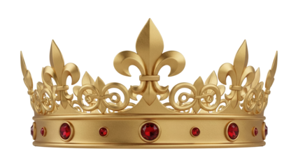 Ornate golden crown with red gems isolated PNG, royal headwear for kings and queens on transparent background