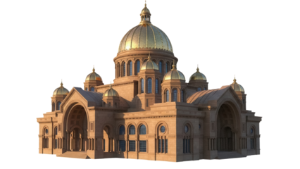 Detailed cathedral with golden domes isolated PNG, religious architecture on transparent background for design projects and architectural visualizations