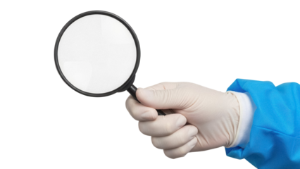 Hand in surgical glove holding magnifying glass isolated PNG, medical examination and scientific research concept