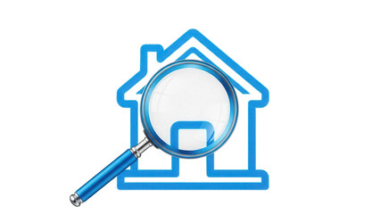 Obraz premium Blue house icon with magnifying glass isolated PNG, real estate search concept for property investment and home inspection on transparent background