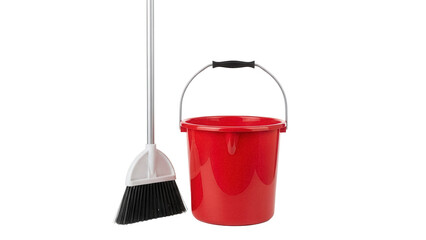 Fototapeta premium Red plastic bucket and broom PNG isolated on transparent background, cleaning equipment for household chores and janitorial services