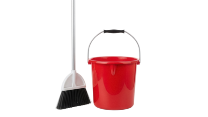 Red plastic bucket and broom PNG isolated on transparent background, cleaning equipment for household chores and janitorial services