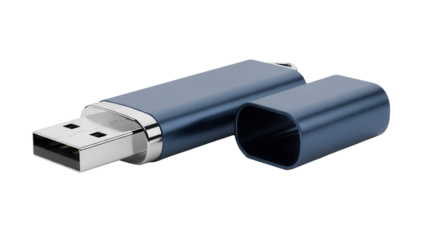 Blue USB flash drive and cap isolated PNG, portable storage device for data transfer and backup on transparent background