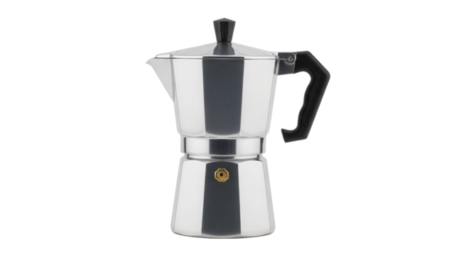 Classic stovetop espresso maker isolated PNG, Italian moka pot for coffee brewing on transparent background, kitchen appliance