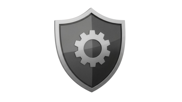 Gray shield with gear isolated PNG on transparent background, security and protection concept for graphic design and web development