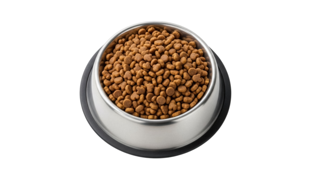 Dog food in a metal bowl isolated PNG, nutritious pet kibble for animal feed and domestic canine care