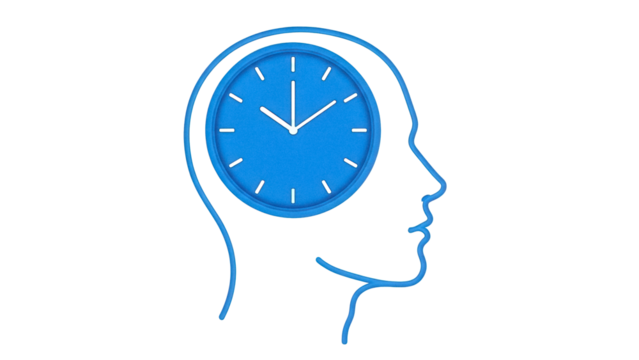 Blue head with clock isolated PNG on transparent background, time management and productivity concept for business and personal use