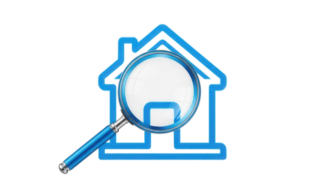 Blue house icon with magnifying glass isolated PNG, real estate search concept for property investment and home inspection on transparent background