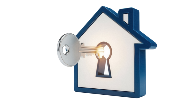 Blue house with key isolated PNG on transparent background, home security and real estate concept for design and advertising