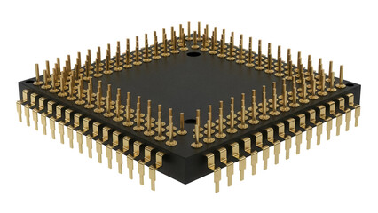 Black integrated circuit chip isolated PNG, electronic component with golden pins for computer hardware and technology projects