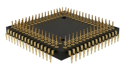 Black integrated circuit chip isolated PNG, electronic component with golden pins for computer hardware and technology projects