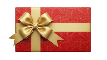 Red gift box with golden ribbon and bow isolated PNG, present with decorative wrapping for Christmas, birthday, or special occasion