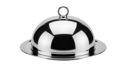 Shiny silver food dome isolated PNG, elegant serving dish for restaurants and catering on transparent background