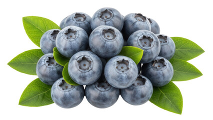 Heap of fresh blueberries with green leaves isolated PNG, antioxidant-rich fruit for healthy eating and summer dessert recipes