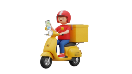 Delivery man on scooter with phone isolated PNG, cartoon character delivering food on yellow moped on transparent background