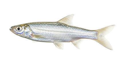 Silver cyprinid fish isolated PNG on transparent background, freshwater species with shiny scales for nature and wildlife designs