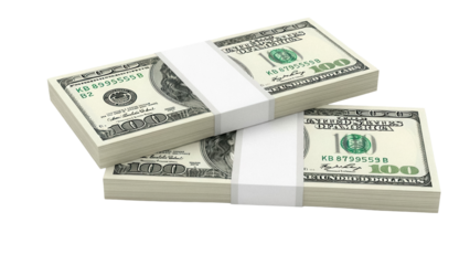 Stacks of one hundred US dollar bills isolated PNG, bundles of cash for business and finance concepts