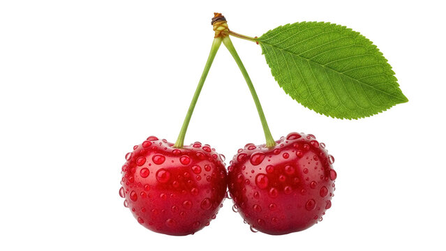 Two ripe red cherries with water droplets and a green leaf isolated PNG, fresh fruit on transparent background for healthy eating concepts