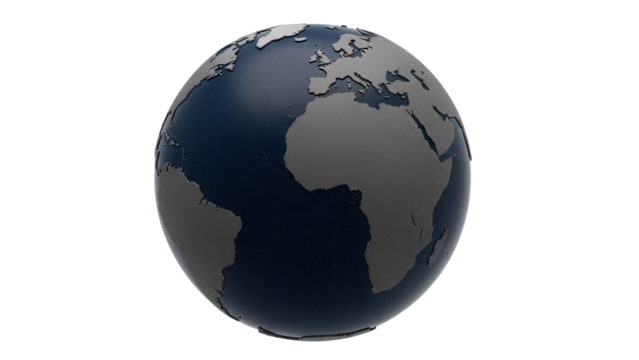 Dark globe with continents isolated PNG on transparent background, world map for geography and education use, earth model