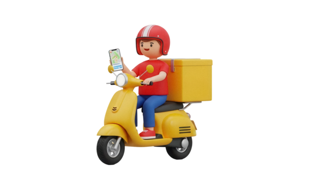 Delivery man on scooter with phone isolated PNG, cartoon character delivering food on yellow moped on transparent background