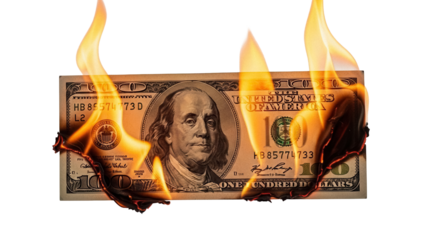 Burning one hundred dollar bill isolated PNG, US currency on fire for financial crisis or economic recession concept