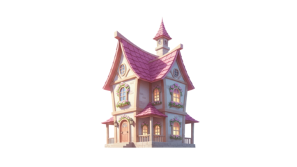 Whimsical pink house PNG isolated on transparent background, fairytale cottage with flowers for fantasy and children s design