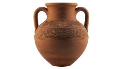 Ornate terracotta amphora PNG isolated on transparent background, ancient Greek vase with handles and geometric pattern, pottery for historical design