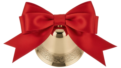 Golden Christmas bell with red bow isolated PNG, festive holiday decoration on transparent background for seasonal design projects