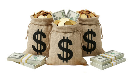 Three burlap sacks full of gold coins and stacks of hundred dollar bills isolated on transparent background, wealth and prosperity concept PNG