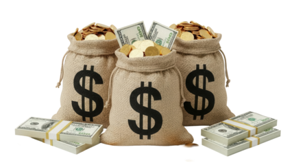 Three burlap sacks full of gold coins and stacks of hundred dollar bills isolated on transparent background, wealth and prosperity concept PNG