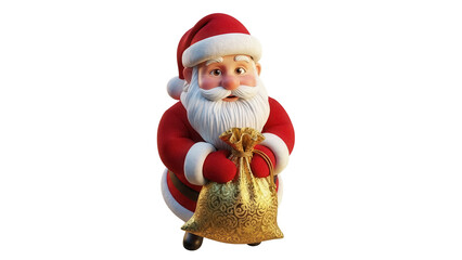 Cartoon Santa Claus holding a golden gift bag isolated PNG, festive holiday character on transparent background for Christmas designs