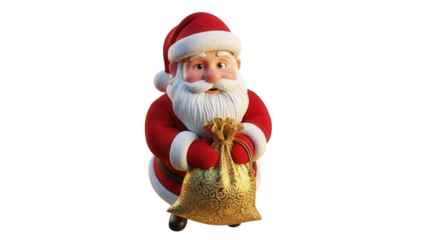 Cartoon Santa Claus holding a golden gift bag isolated PNG, festive holiday character on transparent background for Christmas designs